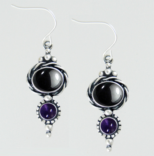 Sterling Silver Drop Dangle Earrings With Hematite And Iolite